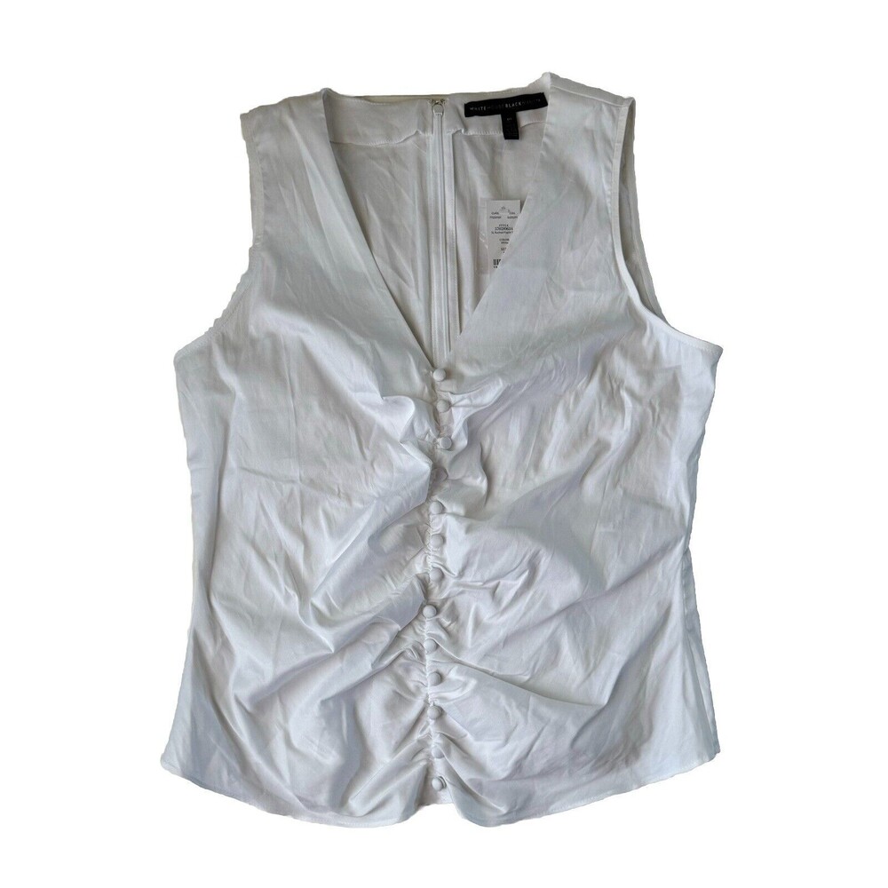 White House Black Market White Ruched Poplin V neck Sleeveless Top Women 10